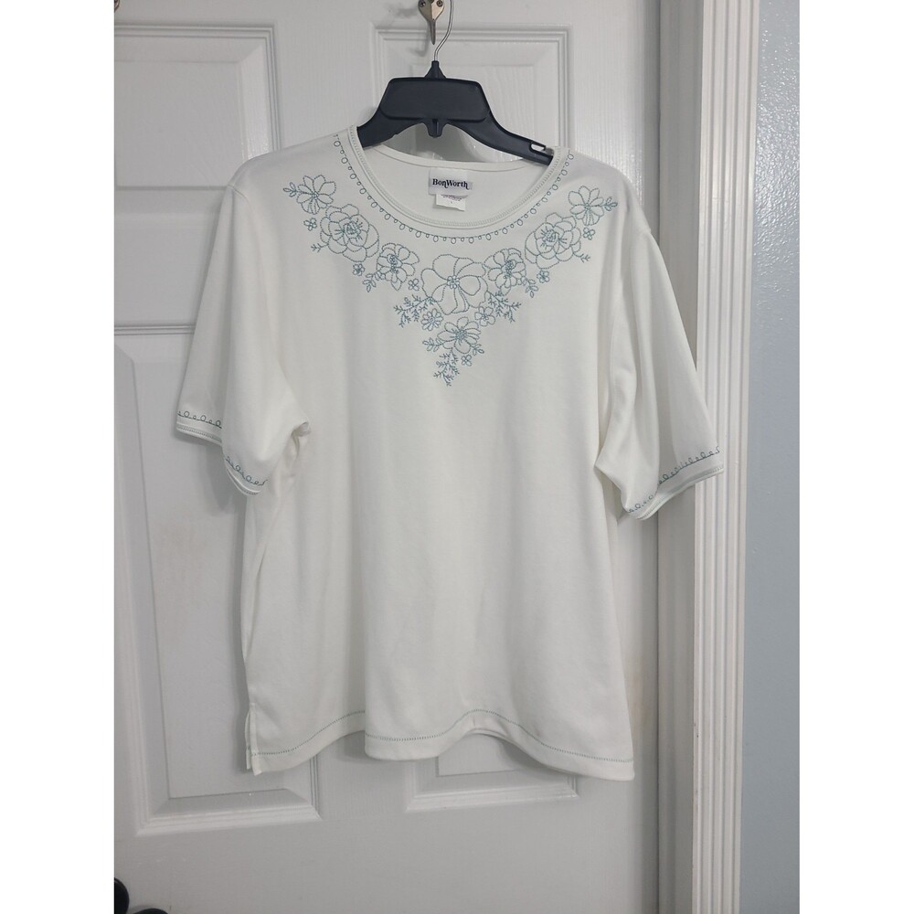 white Bon Worth short-sleeve top silver floral embroidery Sz Large